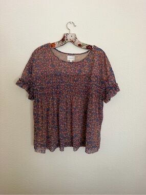 Deletta Navy Floral Smocked Short Sleeve Blouse